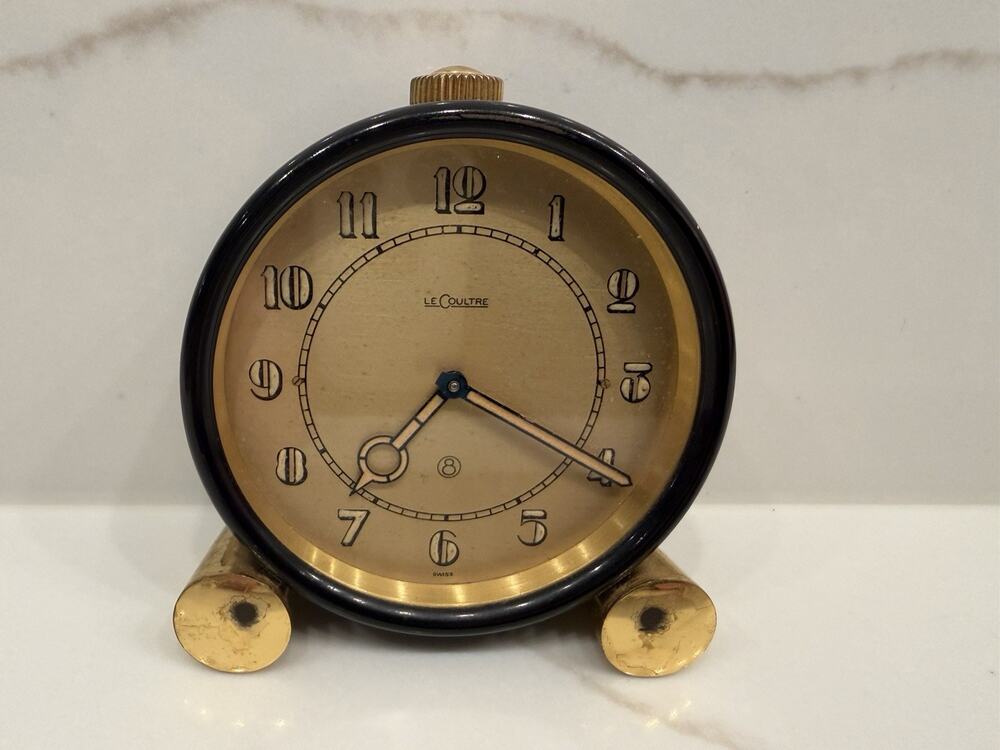 Vintage LeCoultre Swiss Mechanical Desk Table Clock Black Gold Tone Working